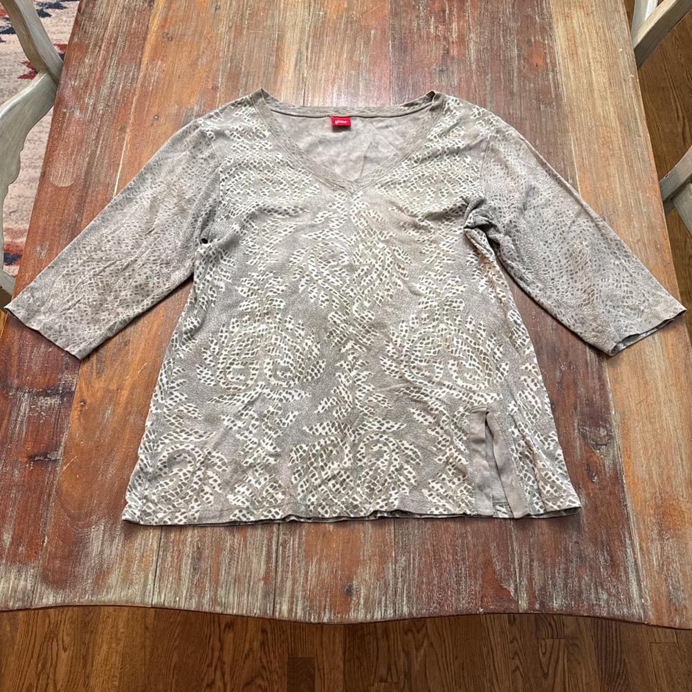 Glima Grey Damask Print V-Neck Top 3/4 Sleeve Boho Boutique Shirt XL Artsy